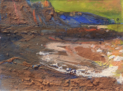 Sidmouth esplanade emerging from night. Gouche, cliff material on card